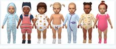 a group of baby dolls standing next to each other in pajamas and oneshirts