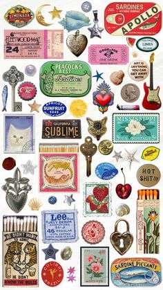 many different types of badges and magnets on a white background, all in various colors