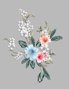 a bouquet of flowers with leaves and buds on a gray background, painted in watercolor