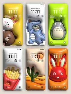 four cell phones with different designs and numbers on them, all showing the same time