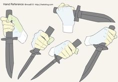 four different types of knifes with hands holding knives in the middle one is yellow and the other two are black