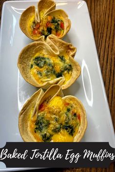 baked tortilla egg muffins with spinach and cheese on a white plate