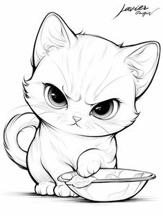 a drawing of a cat holding a bowl with its paw in it's mouth