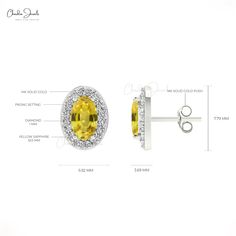 Description Immerse yourself in the ethereal beauty of sunshine yellow sapphire stud earrings. The vibrant yellow sapphire in prong setting takes center stage dressed with sparkling round-cut diamonds. Crafted in 14k gold, these earrings are perfect for an anniversary gift. Product Details SKU CJ-E-1166A-YS Metal 14K Solid Gold Closing mechanism Push back Product dimension 7.79 MM X 5.92 MM X 3.69 MM Birthstone September Certification - Yellow Sapphire Details:- Stone Size 5x3MM Stone Quality AA Yellow Diamond Accented Earrings For Anniversary, Yellow Diamond Accent Earrings For Anniversary, Yellow Earrings With Diamond Accents For Anniversary, Yellow Diamond Earrings With Gemstone, Formal Yellow Earrings With Halo Setting, Yellow Diamond Earrings For Anniversary, Yellow Halo Design Earrings For Gift, Yellow Halo Design Earrings In Fine Jewelry, Fine Jewelry Yellow Earrings With Halo Design