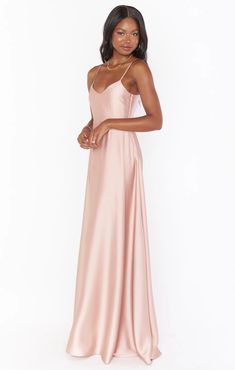 Faith Maxi Dress ~ Rose Gold Luxe Satin – Show Me Your Mumu Pale Pink Bridesmaid Dresses, Metallic Bridesmaid Dresses, Light Pink Bridesmaids, Light Pink Bridesmaid Dresses, Dress Rose Gold, Pastel Bridesmaid Dresses, How Many Bridesmaids, Pink Satin Dress, Pink Long Dress