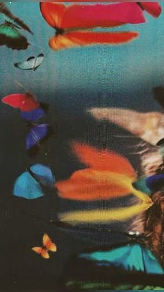 an image of butterflies flying in the air with colors and shapes coming out of them