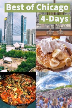 the chicago skyline is shown with images of food and people around it, including pancakes