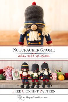 two knitted nutcracker gnomes sitting next to each other