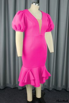 Olivia Mark - Chic Solid Patchwork V-Neck Short Sleeve Dress for Casual Wear Pink Fitted Knee-length V-neck Dress, Fitted Knee-length Pink V-neck Dress, Pink Fitted V-neck Dress With Short Sleeves, Pink Fitted V-neck Maxi Dress, Pink Fitted Midi V-neck Dress, Fitted V-neck Dress With Puff Sleeves, Sophisticated Dress, Patchwork Designs, Short Sleeve Dress