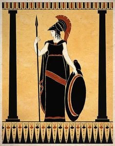 an ancient painting of a woman holding a spear and shield in front of two columns