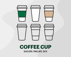 coffee cups with different colors and sizes are shown in this graphic style, which includes the words coffee cup svge png / jp dx