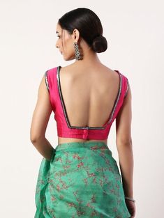 Our custom 'Sakura' print is thoroughly inspired by the overwhelming beauty of the elusive pink flower on the Japanese geometrical patterns bringing together the Japanese and Indian culture. Featuring a printed green silk organza saree. It comes with a Fuschia pink embroidered blouse. For blouse, stitching email us at info@trendroots.com Perfect for destination beach wedding party or bridesmaid outfits! Fabric Composition: Organza, Chanderi Care Instruction: Dry Clean Only. Do not use heavy Iron