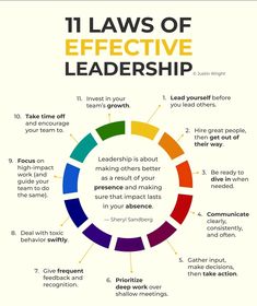 the 11 laws of effective leadership for small business leaders infographical poster with color wheel