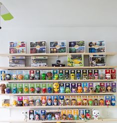 the shelves are filled with toys and pictures