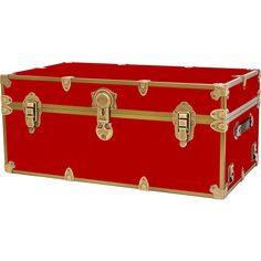 a large red trunk with gold handles on an isolated white background