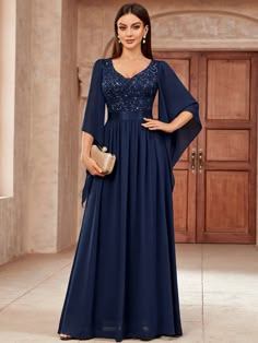 Navy Blue  Collar Long Sleeve Lace Plain A Line Embellished Slight Stretch  Weddings & Events Gowns Dresses Elegant Classy Chic, Navy Blue Maxi Dress Wedding, Navy Blue Chiffon Dress Long, Long Evening Dresses Elegant With Sleeves, Simple Elegant Gown, Simple Chiffon Dress, Pakistani Maxi Dresses, Navy Blue Chiffon Dress, Unique Dress Design