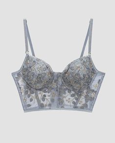 Details: Bralet with floral designTop Length: CroppedSleeve Length: SleevelessMaterials:95% Polyester + 5% Spandex Fitted Floral Embroidery Bra, Fitted Floral Print Summer Bra, Summer Floral Print Fitted Bra, Fitted Blue Bra With Floral Print, Fitted Blue Floral Print Bra, Grey Blue Suit, Lace Corset Top, Floral Corset, Blue Bra