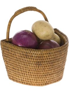 an onion and potato in a wicker basket