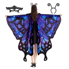 a woman wearing a purple and blue butterfly wings with stars on it's wings