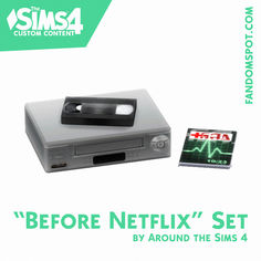 the back side of a dvd player with an advertisement for the game before netflix's set by around the sims 4