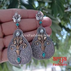 Dual Tone Oxidized Ethnic Earrings with Turquoise Blue Stones Silver Oxidized Silver Earrings, Black Beaded Jewelry, Blue Stones, South Indian Jewellery, Ethnic Earrings, Oxidized Silver, Traditional Indian, Indian Jewellery, Blue Stone