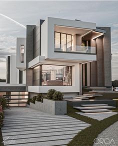 an architectural rendering of a modern house with stairs leading up to the upper floor and second story