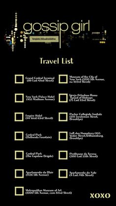 a black and gold travel list with the words gossip girl written in white on it