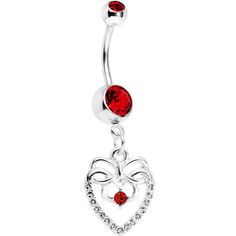 Red CZ Gem Bow Heart Dangle Belly Ring Belly Piercing Ring, Patriotic Jewelry, Belly Jewelry