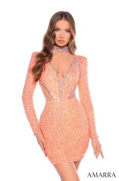 Show off your fashion sense in this beaded short long-sleeve V-neck dress with fitted bodycon skirt by Amarra 88020. This dress can be described as an eye-catching, form-fitting cocktail dress made of sparkling, handed beaded with a plunging V-neckline. The long sleeves and body of the dress are adorned with intricate sequin work, giving it a glamorous and shimmering appearance, while hugging the figure closely to accentuate the curves. The back features a keyhole design, adding a daring and sul White Rehearsal Dress, Gold Homecoming Dress, Yellow Homecoming Dresses, Orange Homecoming Dresses, Beaded Dress Short, Black Quinceanera Dresses, Red Quinceanera Dresses, Quinceanera Dresses Pink, Black Homecoming Dress