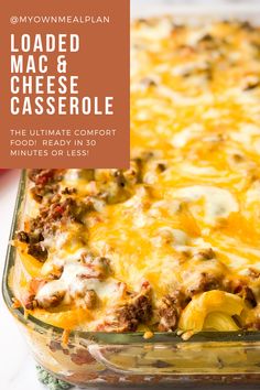 loaded macaroni and cheese casserole in a glass baking dish with text overlay