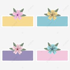 four flower stickers with different colors and sizes, flowers, colorful, floral png and psd