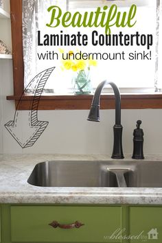 a kitchen sink under a window with the words beautiful laminate countertop