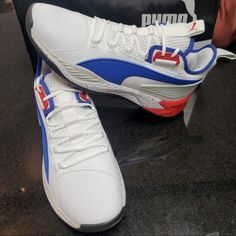 Puma Mid Top Sz 10.5 White Blue Red Puma Basketball Shoes, Puma Rs X3, Multicolor Shoes, Puma Rs, Shoes Puma, White Shoes Sneakers, Golf Shoes Mens, Puma Suede, Red Sneakers