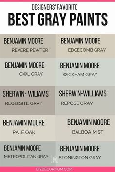 the best gray paint colors for walls and floors in different shades, with text overlaying them