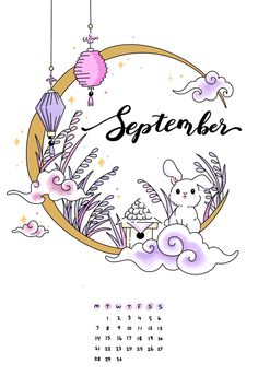 a calendar with an image of a rabbit in the sky and flowers on it's side