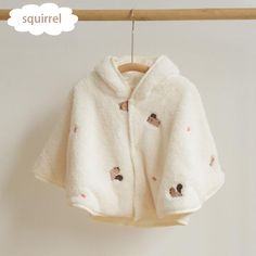 squirrel Loak Cute Embroidery Cute Cotton Warm Outerwear, Cute Warm Cotton Outerwear, Cute Cream Winter Outerwear, Cute Warm White Outerwear, Winter Warm Outfits, Girls Cape, Baby Shawl, Embroidered Coat, Hooded Cape