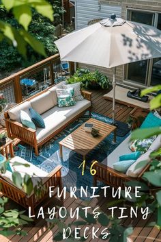 an outdoor living area with furniture and plants on the deck, surrounded by greenery