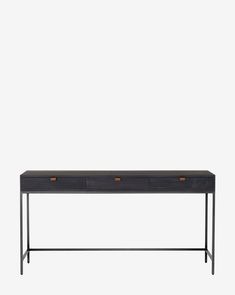 a black console table with two drawers on one side and an open drawer on the other