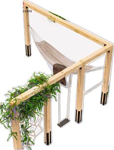 an elevated hammock is attached to a wooden frame with plants growing on it