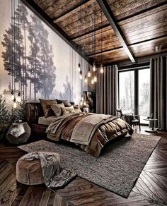 a bedroom with wood flooring and a large painting on the wall next to it