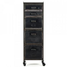 three drawer metal filing cabinet on wheels with casteors and drawers in black finish, isolated against a white background