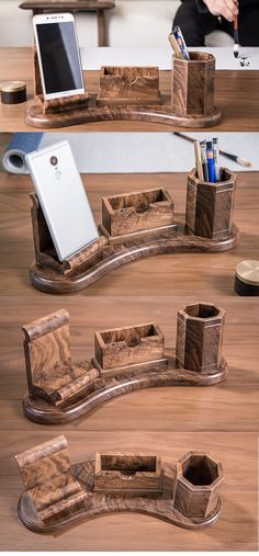 a wooden desk with cell phone holders and other items on it, including a tabletop