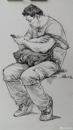 a pencil drawing of a man sitting on a bench looking at his cell phone while holding something in his hand