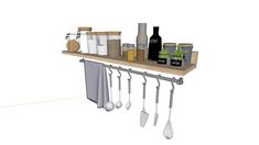 a shelf with kitchen utensils hanging from it