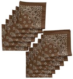 six brown bandannas with white flowers and paisley designs on the edges, set of five