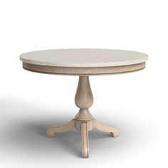 a white table with an oval top and wooden legs, on a white background in the shape of a pedestal