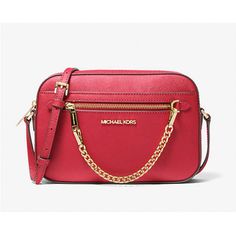 Michael Kors Jet Set Saffiano Leather Crossbody Bag In Red! Red Saffiano Leather Evening Bags, Red Saffiano Leather Bag With Gold-tone Hardware, Orange Tote Bags, Convertible Crossbody Bag, Brown Crossbody Bag, Bags Michael Kors, Michael Kors Crossbody Bag, Brown Leather Handbags, Brown Leather Totes