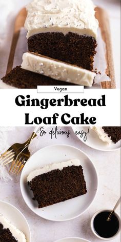 a slice of vegan gingerbread loaf cake with white frosting