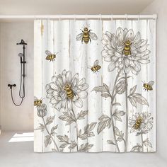 a shower curtain with sunflowers and bees on it