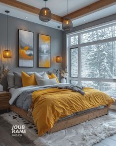 a bedroom decorated in yellow and grey with white fur rugs on the floor, large window overlooking snowy forest